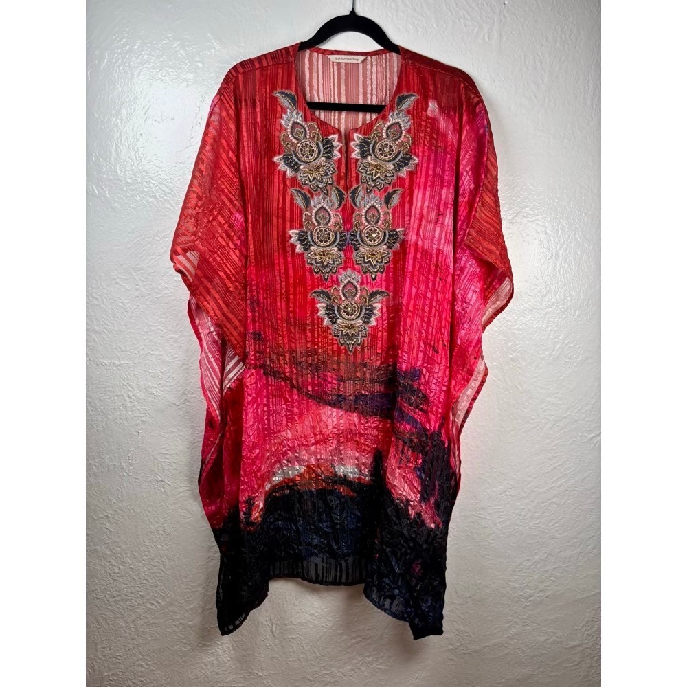 Soft Surroundings Kaftan XL Red Embellished Metallic Boho Festival Resortwear